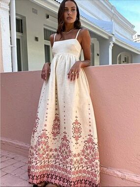 Cream Maxi Dress with Pink Floral Hem Embroidery look. It’s medium not small